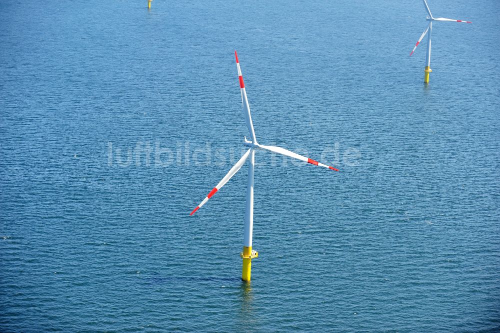 Zingst von oben - Windenergieanlagen (WEA) des Offshore-Windpark EnBW Baltic 1 auf der Wasseroberfläche der Ostsee in Zingst im Bundesland Mecklenburg-Vorpommern, Deutschland