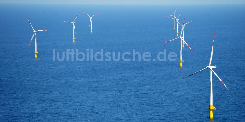 Zingst aus der Vogelperspektive: Windenergieanlagen (WEA) des Offshore-Windpark EnBW Baltic 1 auf der Wasseroberfläche der Ostsee in Zingst im Bundesland Mecklenburg-Vorpommern, Deutschland