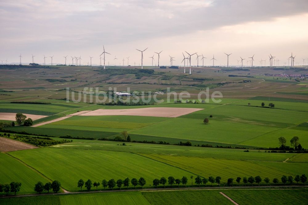 Luftbild Gau-Odernheim - Windenergieanlagen (WEA) - Windpark auf einem Hügel in Gau-Odernheim im Bundesland Rheinland-Pfalz