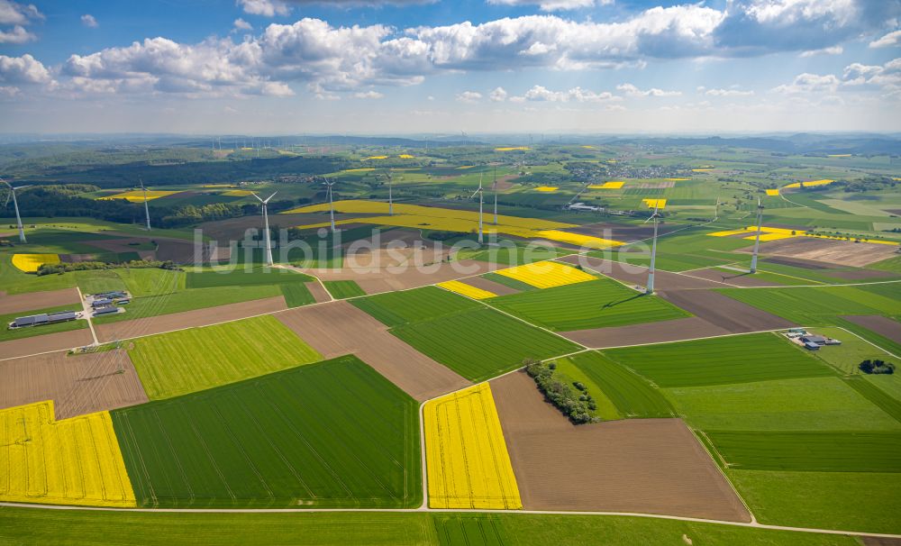 Luftbild Brilon - Windenergieanlagen (WEA) - Windrad- auf einem Feld in Brilon im Bundesland Nordrhein-Westfalen, Deutschland