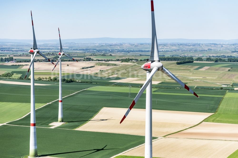 Guntersblum von oben - Windenergieanlagen (WEA) - Windrad- auf einem Feld in Guntersblum im Bundesland Rheinland-Pfalz, Deutschland