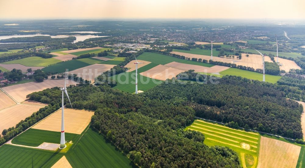 Luftaufnahme Haltern am See - Windenergieanlagen (WEA) - Windrad- auf einem Feld in Haltern am See im Bundesland Nordrhein-Westfalen, Deutschland