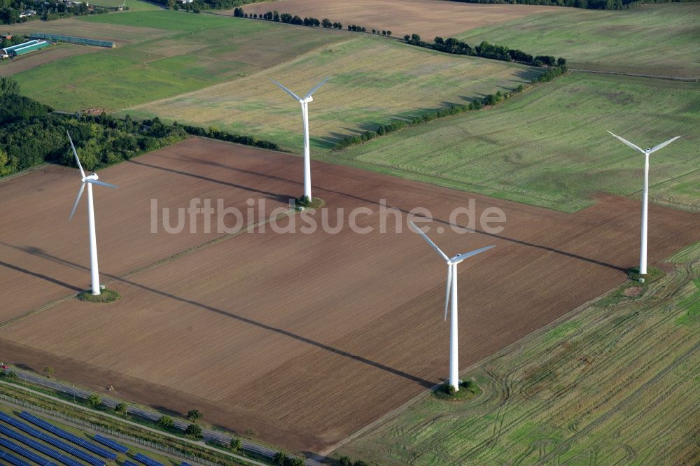 Luftbild Helbra - Windenergieanlagen (WEA) - Windrad- auf einem Feld in Helbra im Bundesland Sachsen-Anhalt