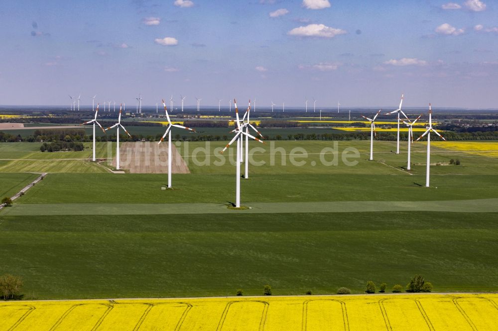 Werneuchen aus der Vogelperspektive: Windenergieanlagen (WEA) - Windrad- auf einem Feld in Werneuchen im Bundesland Brandenburg