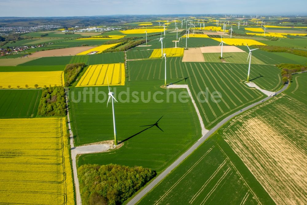 Luftaufnahme Rüthen - Windenergieanlagen (WEA) - Windrad- auf einem gelben Raps- Feld in Rüthen im Bundesland Nordrhein-Westfalen, Deutschland