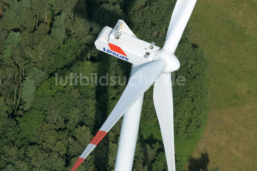 Sallgast aus der Vogelperspektive: Windkraftanlage der Firma Vestas Wind Systems am Rande des Wald- Windparks Göllnitz-Lieskau-Rehain in Sallgast im Bundesland Brandenburg