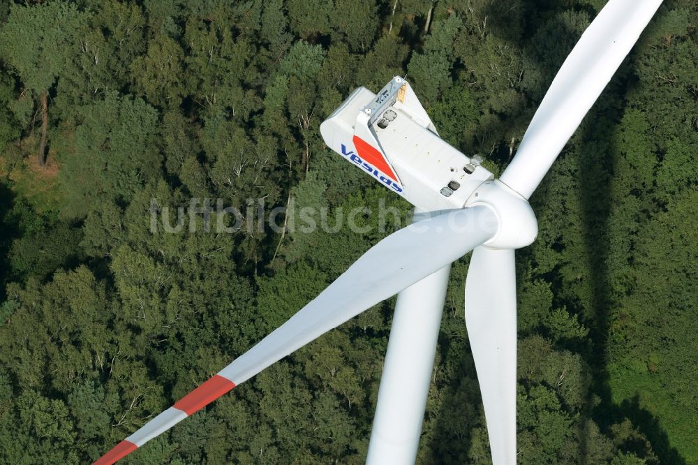 Luftaufnahme Sallgast - Windkraftanlage der Firma Vestas Wind Systems am Rande des Wald- Windparks Göllnitz-Lieskau-Rehain in Sallgast im Bundesland Brandenburg