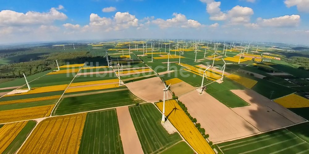 Marsberg aus der Vogelperspektive: Windkraftanlagen auf einem Feld in Marsberg im Bundesland Nordrhein-Westfalen, Deutschland