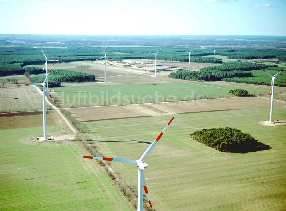 Duben / Brandenburg aus der Vogelperspektive: Windkraftpark Dubener Platte bei Duben in Brandenburg mit 19 Anlagen vom Typ MD 77