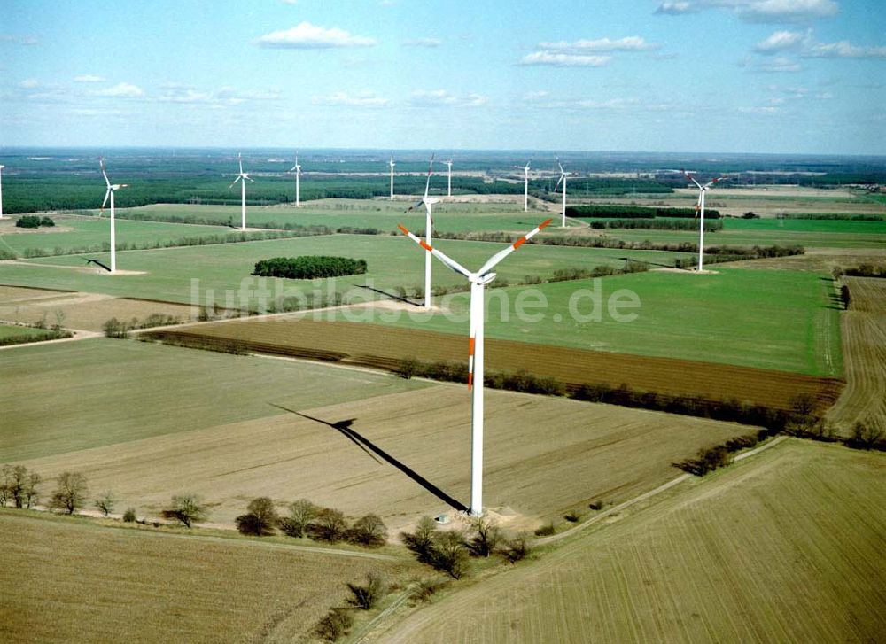 Duben / Brandenburg aus der Vogelperspektive: Windkraftpark Dubener Platte bei Duben in Brandenburg mit 19 Anlagen vom Typ MD 77