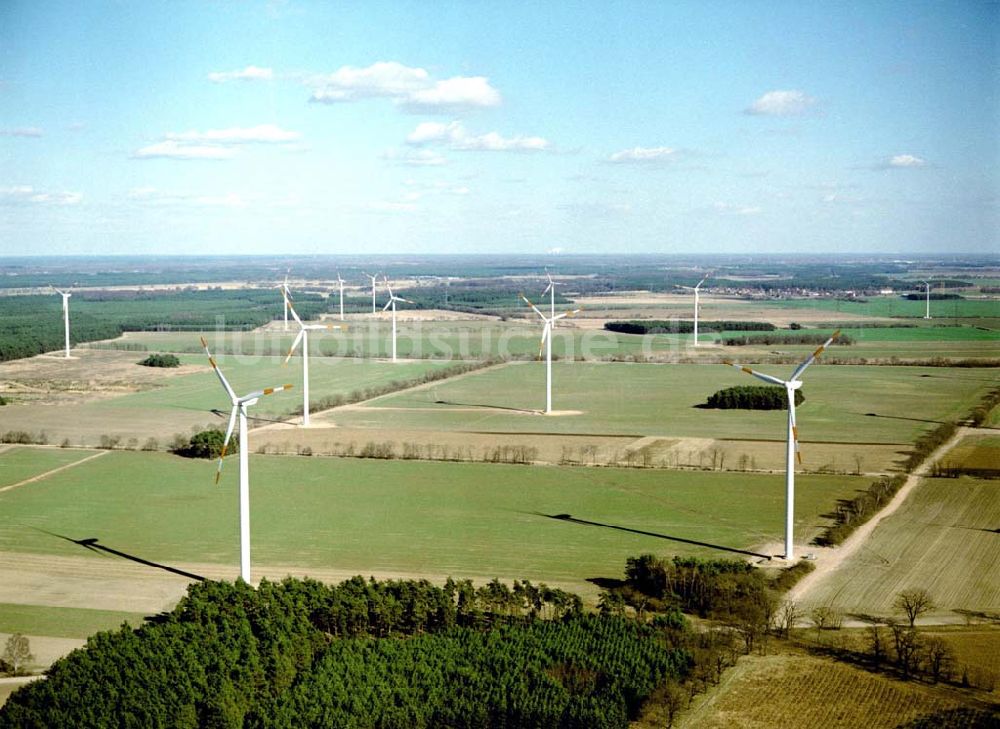 Luftbild Duben / Brandenburg - Windkraftpark Dubener Platte bei Duben in Brandenburg mit 19 Anlagen vom Typ MD 77