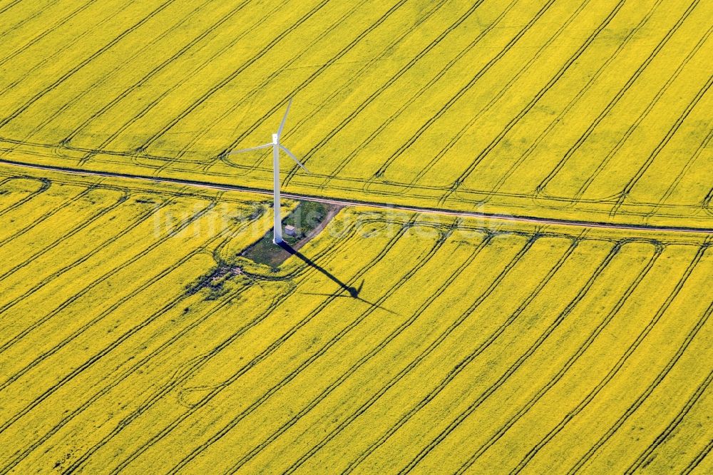 Luftbild Gefell - Windrad in einem blühenden Rapsfeld in Gefell im Bundesland Thüringen