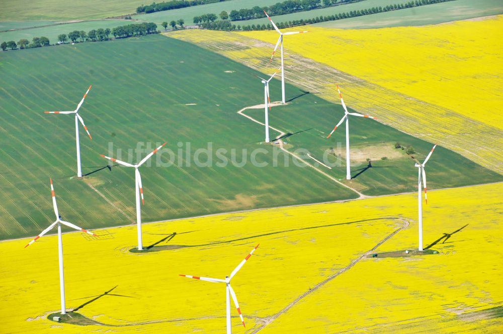 Luftbild Werneuchen - Windräder auf blühenden Rapsfeldern bei Werneuchen