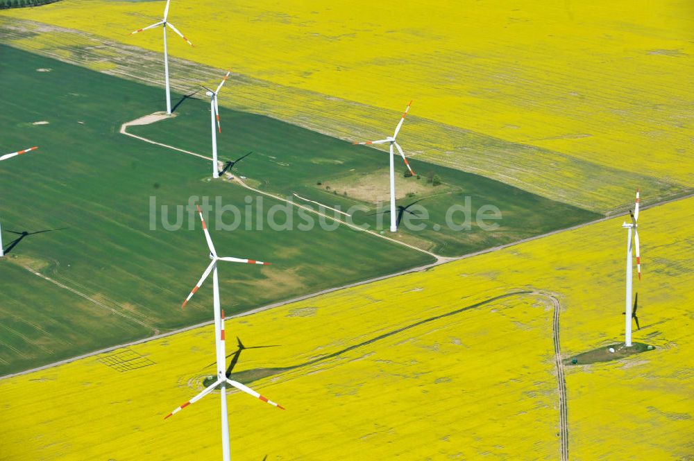 Luftbild Werneuchen - Windräder auf blühenden Rapsfeldern bei Werneuchen