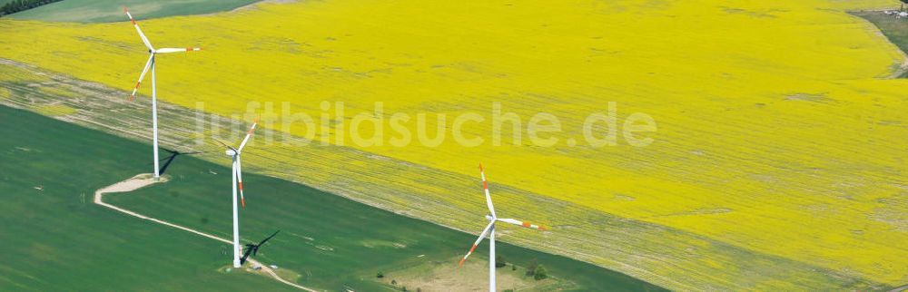 Luftaufnahme Werneuchen - Windräder auf blühenden Rapsfeldern bei Werneuchen