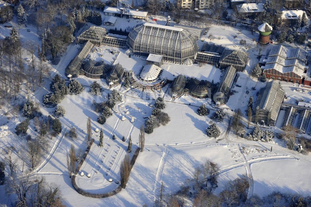 Berlin von oben - Winterlandschaft des Botanischen Garten Berlin-Dahlem.