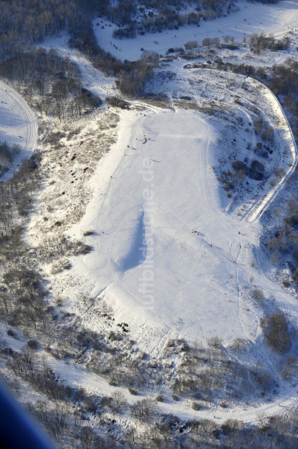 Luftaufnahme Berlin - Winterlandschaft am Rodelberg am Teufelsberg in Berlin