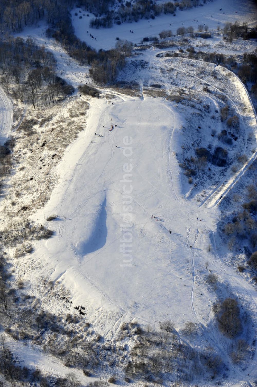 Berlin von oben - Winterlandschaft am Rodelberg am Teufelsberg in Berlin