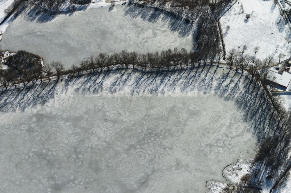 Luftaufnahme Ilmenau - Winterlich mit Schnee und Eis versehene Oberfläche des Sees Großer Teich in Ilmenau im Bundesland Thüringen