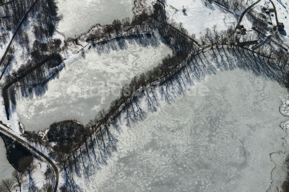 Ilmenau von oben - Winterlich mit Schnee und Eis versehene Oberfläche des Sees Großer Teich in Ilmenau im Bundesland Thüringen