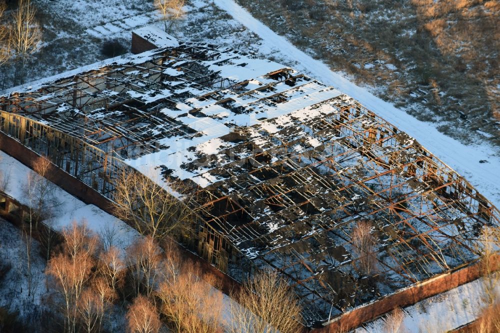 Luftbild Oberkrämer - Winterlich schneebedeckte Dach- Löcher in der Ruine des ehemaligen Flugplatz- Hangars auf dem verlassenen Militärflughafen in Schönwalde im Bundesland Brandenburg