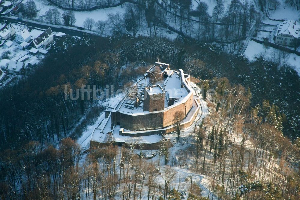 Klingenmünster aus der Vogelperspektive: Winterlich schneebedeckte Ruine und Mauerreste der ehemaligen Burganlage Landeck in Klingenmünster im Bundesland Rheinland-Pfalz im Winter