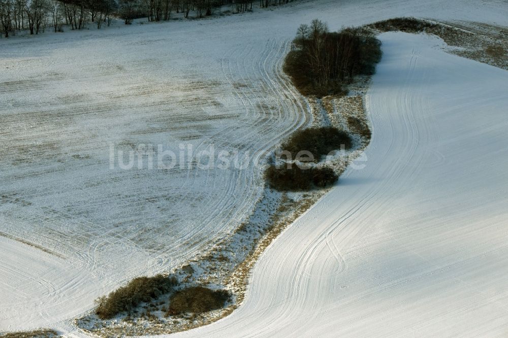 Altlandsberg aus der Vogelperspektive: Winterlich schneebedeckte Strukturen auf landwirtschaftlichen Feldern in Altlandsberg im Bundesland Brandenburg