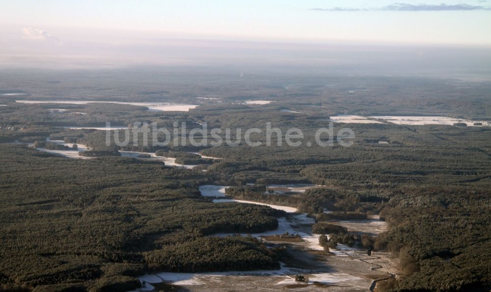 Schorfheide aus der Vogelperspektive: Winterlich schneebedecktes Waldgebiet in Schorfheide im Bundesland Brandenburg