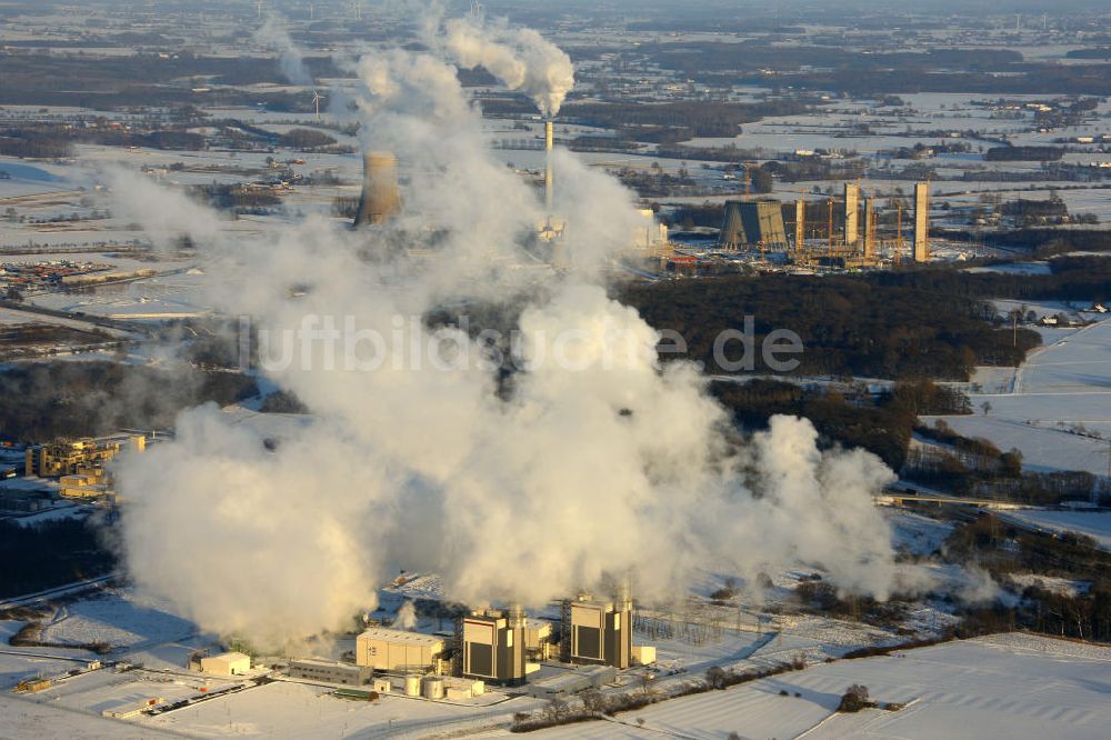 Luftbild Hamm - Winterlich verschneites Trianel Gas- und Dampfkraftwerk in Hamm, Nordrhein-Westfalen