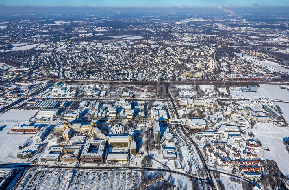 Dortmund von oben - Winterluftbild Baustelle zum Neubau der TU Dortmund in Dortmund im Bundesland Nordrhein-Westfalen, Deutschland