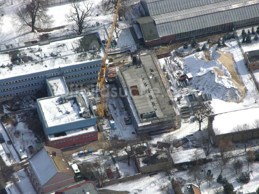 Berlin aus der Vogelperspektive: Winterluftbild Baustelle zum Neubau eines Forschungs- Gebäudes und Bürokomplex Leibniz-Institut für Zoo- und Wildtierforschung (IZW) in Berlin, Deutschland