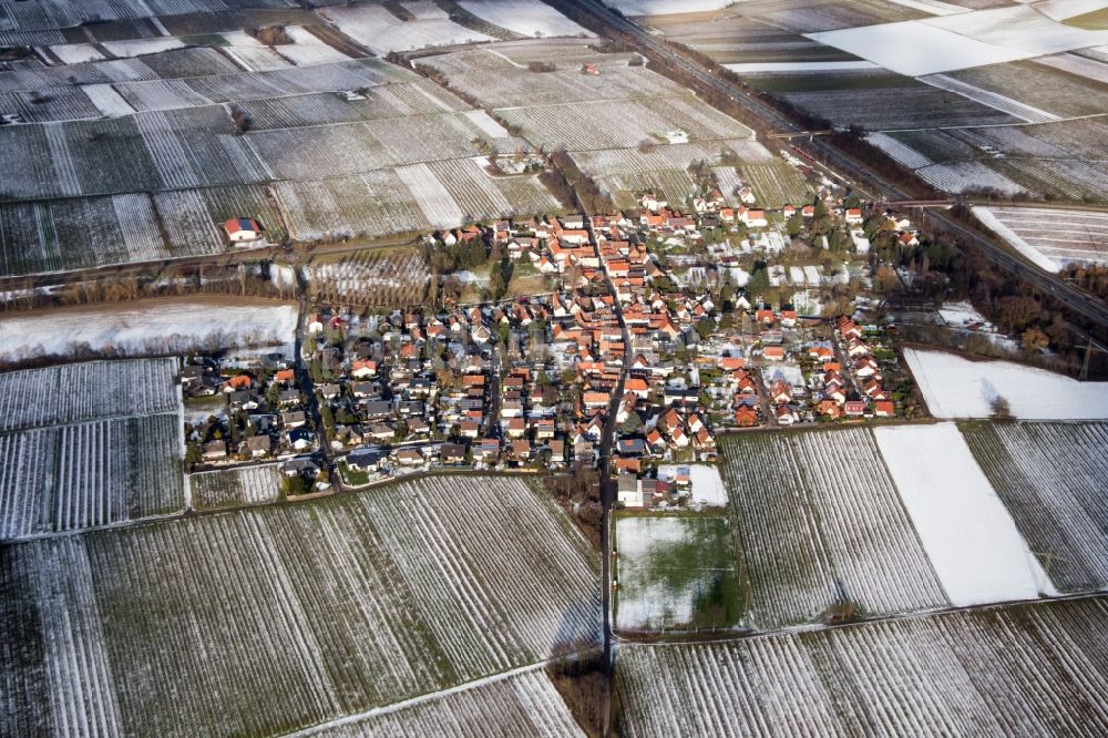 Luftaufnahme Knöringen - Winterluftbild Dorf - Ansicht am Rande von Feldern in Knöringen im Bundesland Rheinland-Pfalz, Deutschland