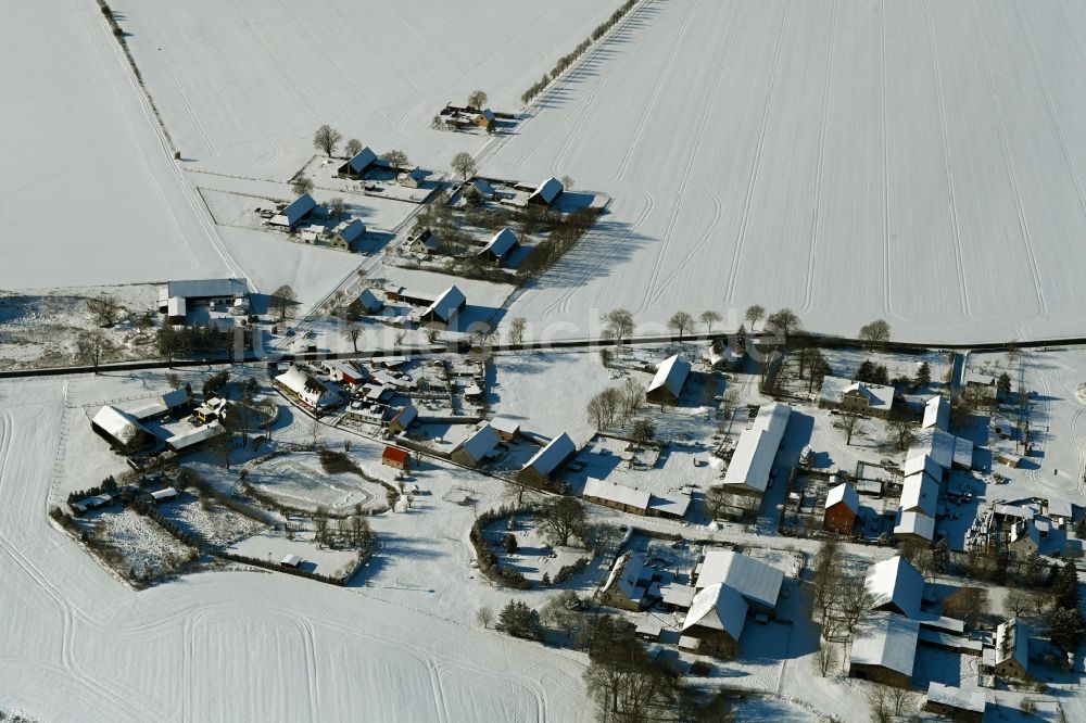 Luftaufnahme Wüstenfelde - Winterluftbild Dorfkern am Feldrand in Wüstenfelde im Bundesland Mecklenburg-Vorpommern, Deutschland