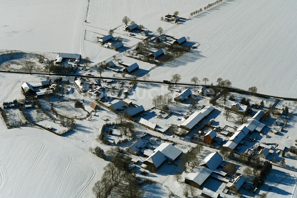 Wüstenfelde von oben - Winterluftbild Dorfkern am Feldrand in Wüstenfelde im Bundesland Mecklenburg-Vorpommern, Deutschland