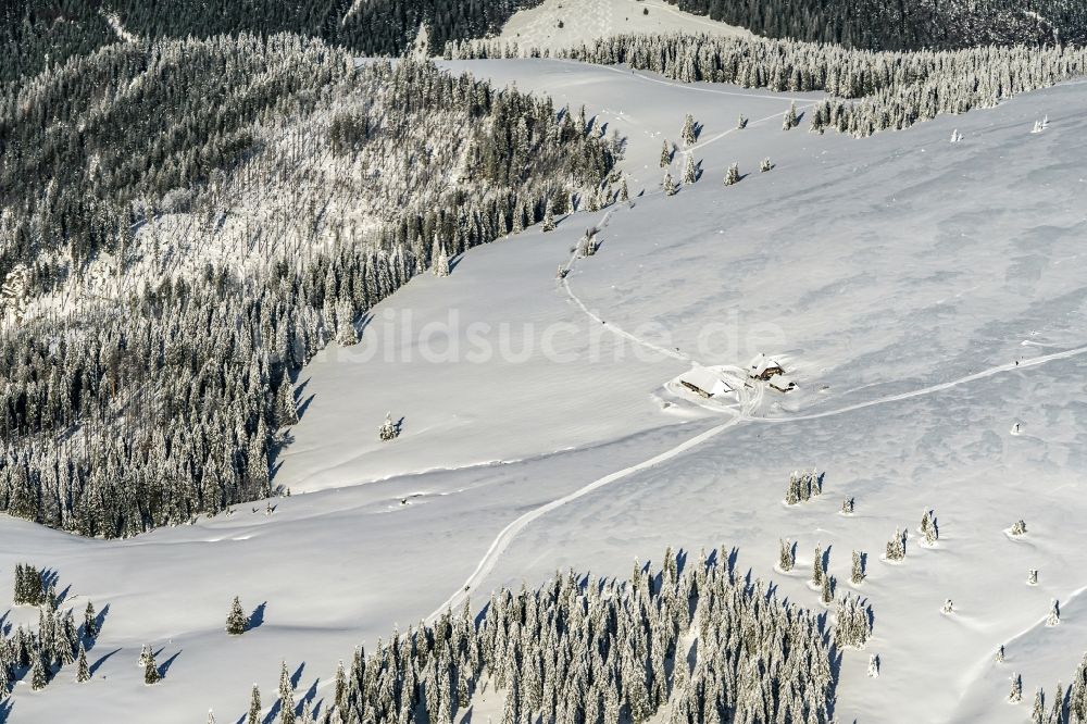 Luftaufnahme Feldberg (Schwarzwald) - Winterluftbild Gipfel in der Felsen- und Berglandschaft in Feldberg (Schwarzwald) im Bundesland Baden-Württemberg, Deutschland