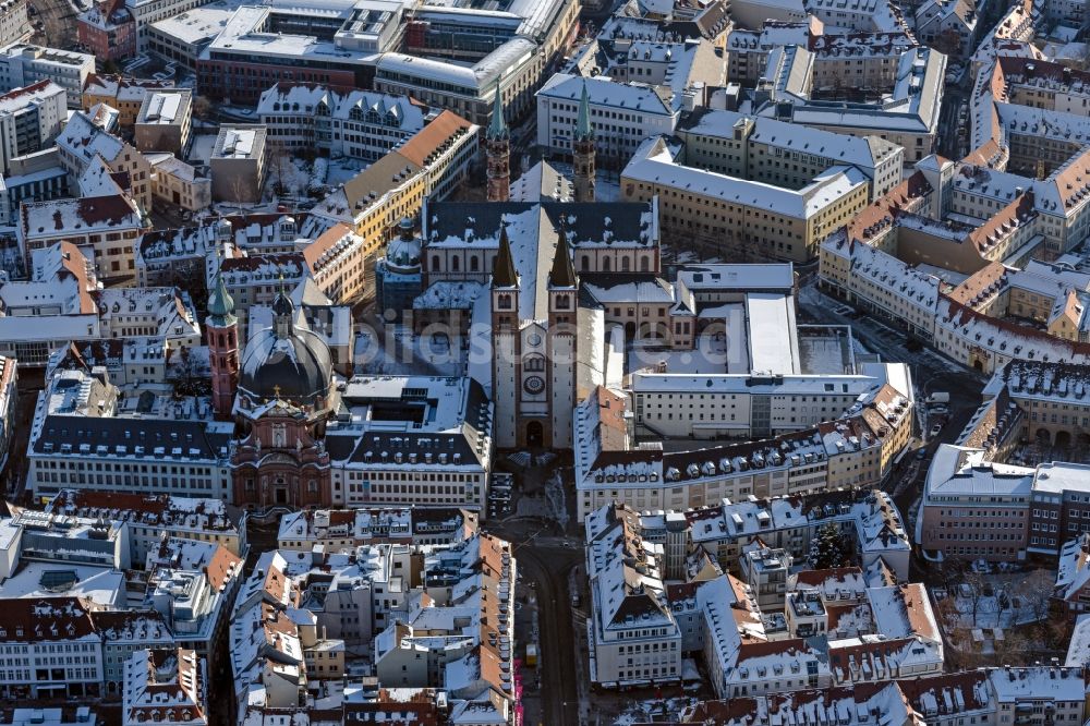 Würzburg aus der Vogelperspektive: Winterluftbild Kirchengebäude des Domes in der Altstadt in Würzburg im Bundesland Bayern, Deutschland