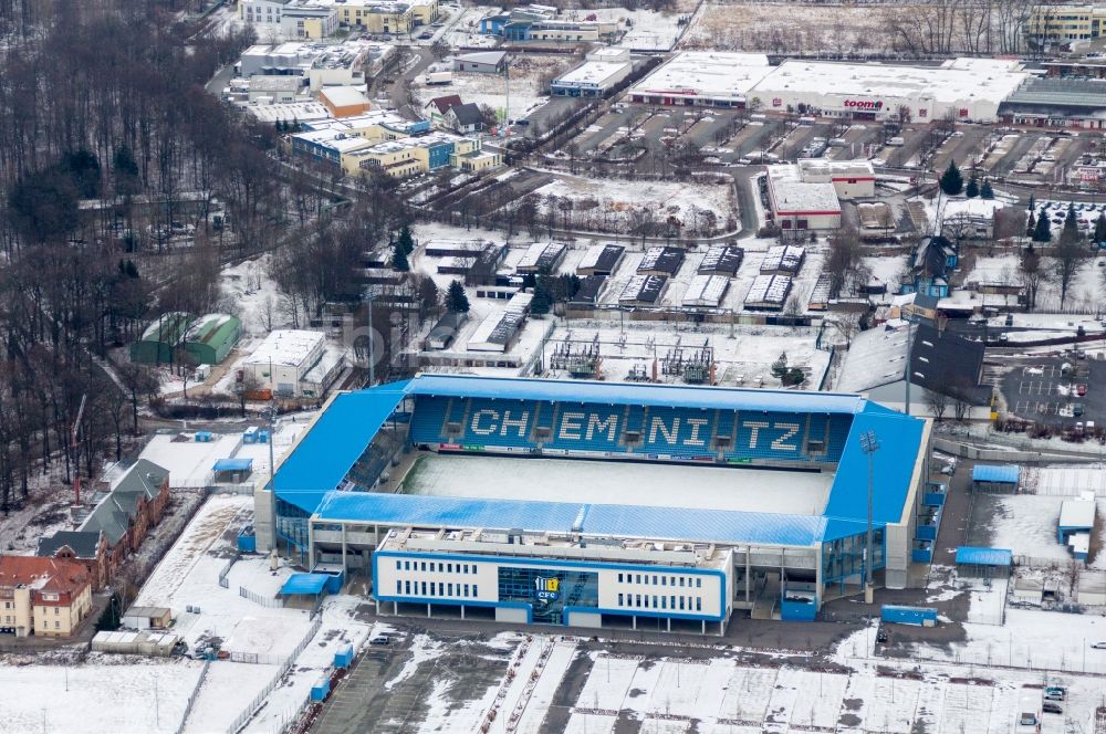 Chemnitz von oben - Winterluftbild Neubau der ARENA - CFC - Stadion in Chemnitz im Bundesland Sachsen