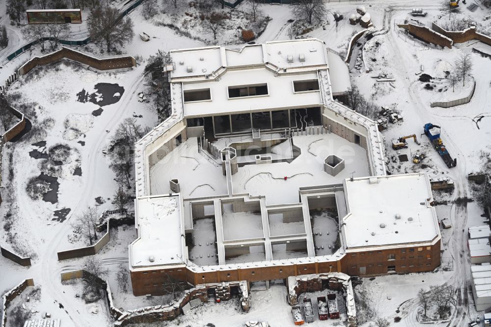 Berlin von oben - Winterluftbild Sanierung Gebäudekomplex Dickhäuterhaus im Tierpark in Berlin, Deutschland