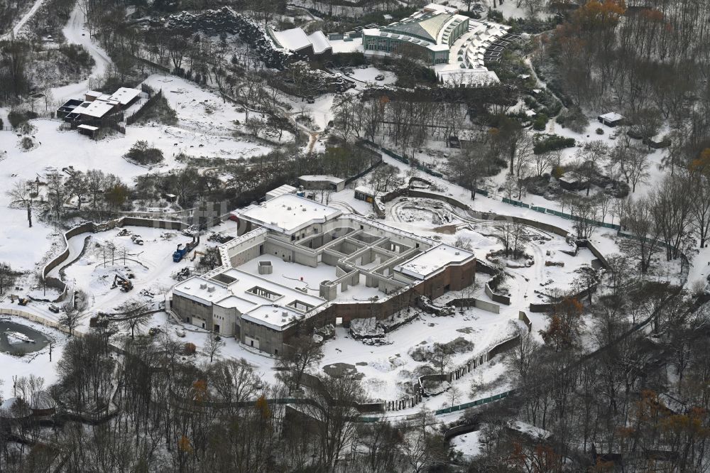 Luftbild Berlin - Winterluftbild Sanierung Gebäudekomplex Dickhäuterhaus im Tierpark in Berlin, Deutschland