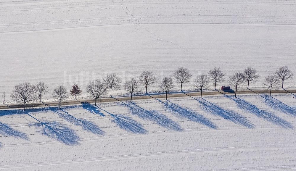 Luftbild Bochum - Winterluftbild Schatten von Bäumen auf einem verschneiten Feld in Bochum im Bundesland Nordrhein-Westfalen, Deutschland