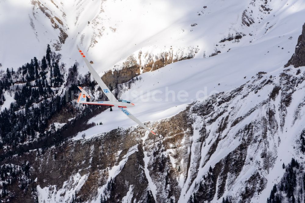 Montmaur von oben - Winterluftbild: Segelflugzeug LS8 D-6384 im Fluge über dem Berg Pic de Bure bei Montmaur in Provence-Alpes-Cote d'Azur, Frankreich