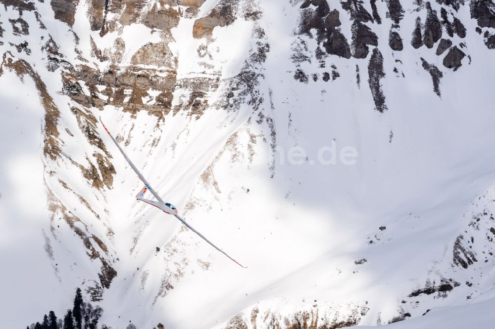 Montmaur aus der Vogelperspektive: Winterluftbild: Segelflugzeug LS8 D-6384 im Fluge über dem Berg Pic de Bure bei Montmaur in Provence-Alpes-Cote d'Azur, Frankreich