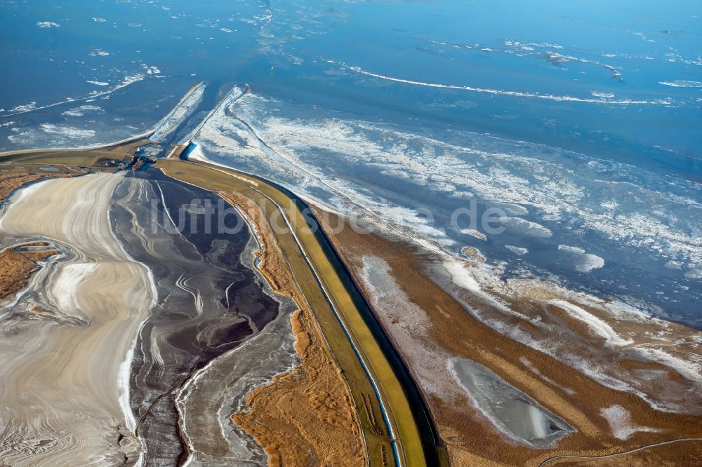 Krummhörn von oben - Winterluftbild Soll Biotop in einem Feld im Naturschutzgebiet Leyhörn an der Leybucht der Nordsee in Greetsiel im Bundesland Niedersachsen, Deutschland