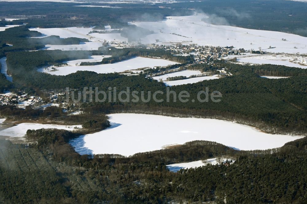 Luftbild Biesenthal - Winterluftbild Uferbereiche des Sees Bukowsee in einem Waldgebiet in Biesenthal im Bundesland Brandenburg, Deutschland