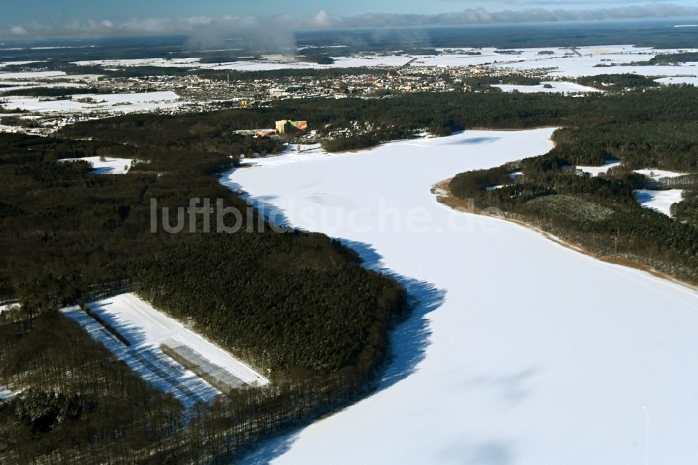 Templin von oben - Winterluftbild Uferbereiche des Sees Lübbesee in einem Waldgebiet im Ortsteil Ahrensdorf in Templin im Bundesland Brandenburg, Deutschland
