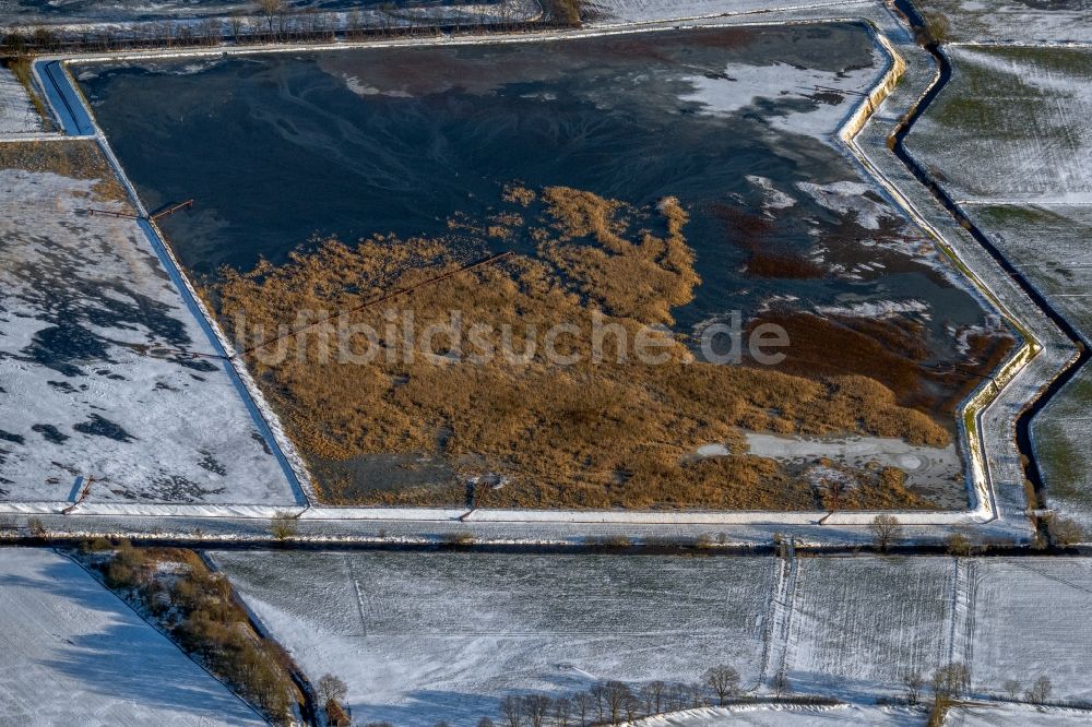 Westoverledingen aus der Vogelperspektive: Winterluftbild Uferbereiche der Teichanlagen zur Fischzucht in Westoverledingen im Bundesland Niedersachsen, Deutschland