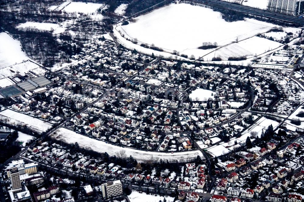 Karlsruhe aus der Vogelperspektive: Winterluftbild Wohngebiet der Mehrfamilienhaussiedlung Märchenring im Ortsteil Rüppurr in Karlsruhe im Bundesland Baden-Württemberg, Deutschland