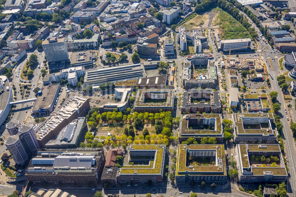 Essen aus der Vogelperspektive: Wohn- und Geschäftshaus Viertel entlang Helmut-Käutner-Straße - Kurt-Jooss-Straße - Paul-Klinger-Straße im Ortsteil Westviertel in Essen im Bundesland Nordrhein-Westfalen, Deutschland