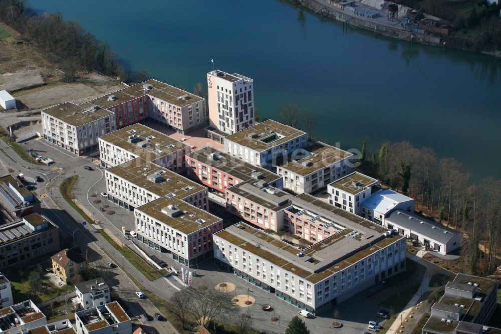 Luftbild Rheinfelden - Wohn- und Geschäftshaus Viertel Salmenpark am Rhein in Rheinfelden im Kanton Aargau, Schweiz