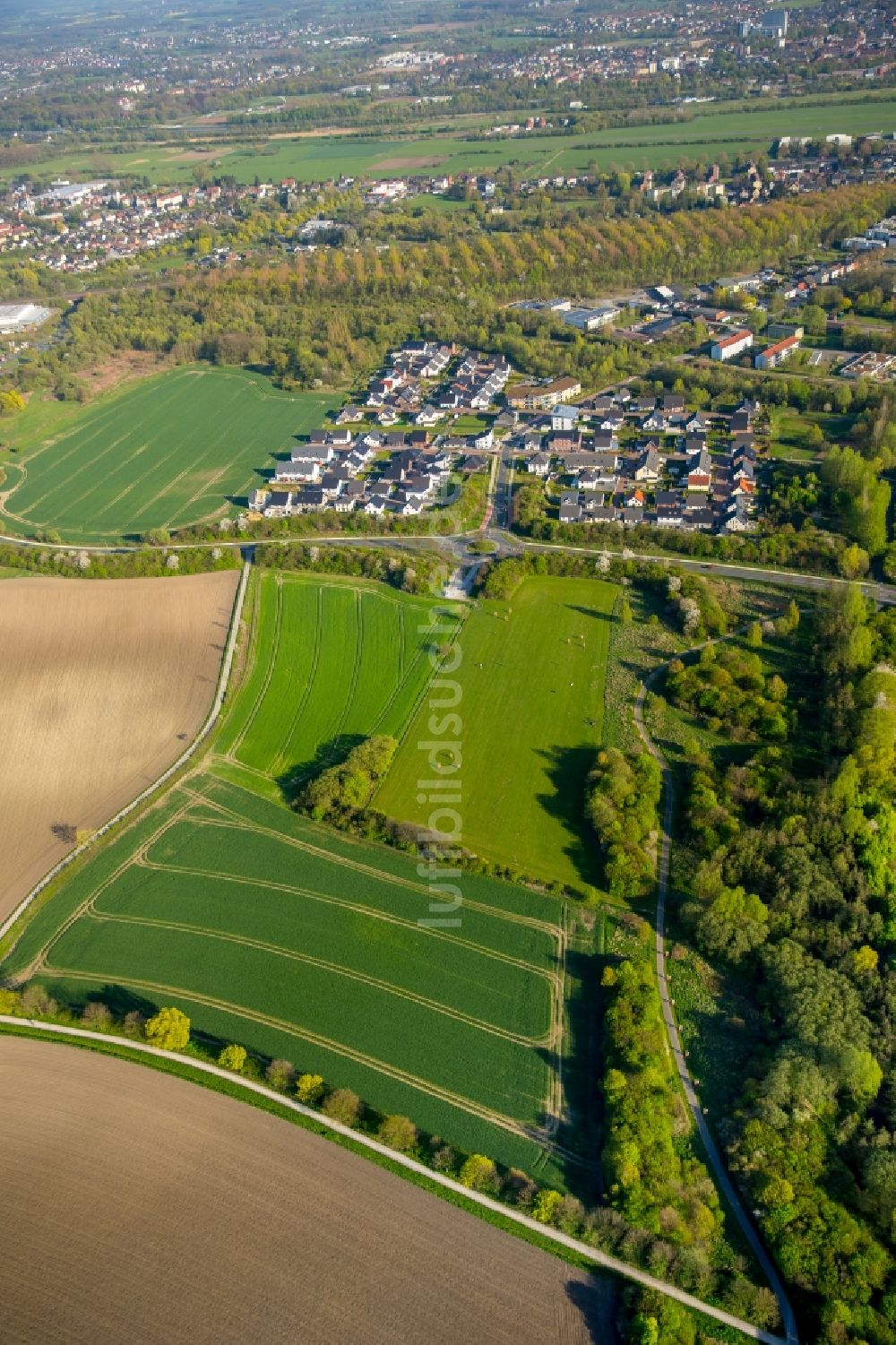 Hamm von oben - Wohngebiet einer Einfamilienhaus- Siedlung an der Heinrich-Wältermann-Straße im Stadtteil Heessen in Hamm im Bundesland Nordrhein-Westfalen